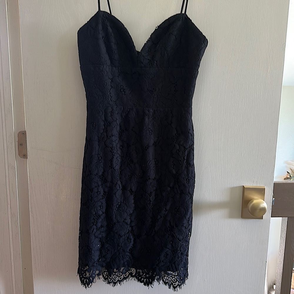 Black lace strap form fitting midi dress